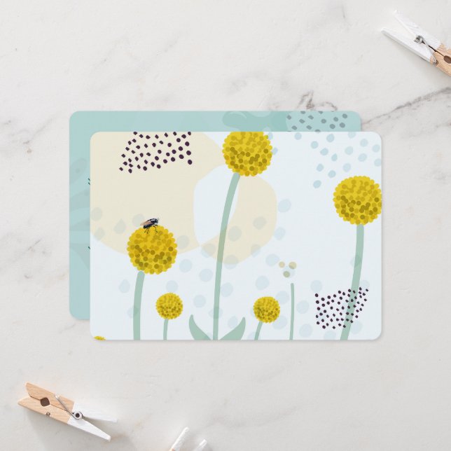Modern Abstract Botanical Yellow Billy Button Invitation (Front/Back In Situ)