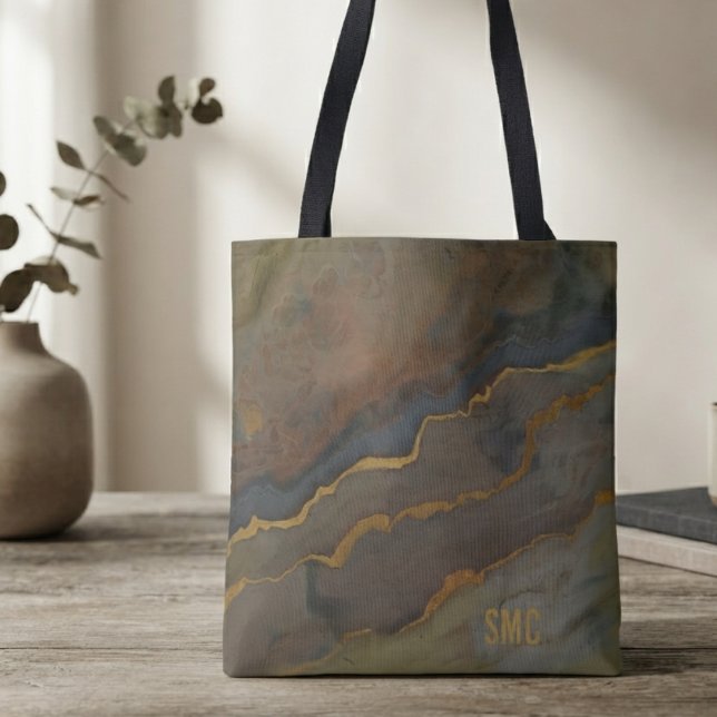 Modern Abstract Bronze Slate Monogram Tote Bag (Refined abstract monogram tote bag for the stylish professional commuter upgrading daily wear.)