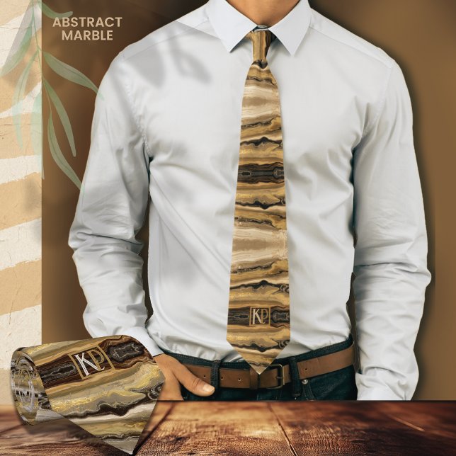 Modern Abstract Brown Gold Beige Marble Monogram Tie (Modern Abstract Brown Gold Beige Marble Monogram Neck Tie , white shirt)