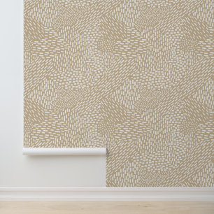 Modern Abstract Brush Strokes, White on Beige Wallpaper