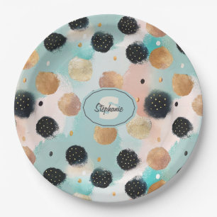 Modern Abstract Brushstroke & Polka Dot Pattern Paper Plate
