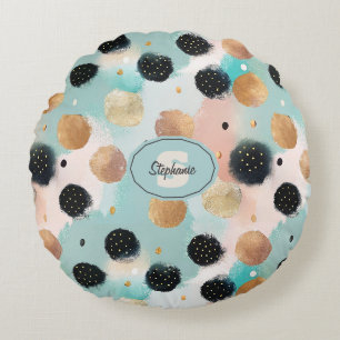 Modern Abstract Brushstroke & Polka Dot Pattern Round Cushion