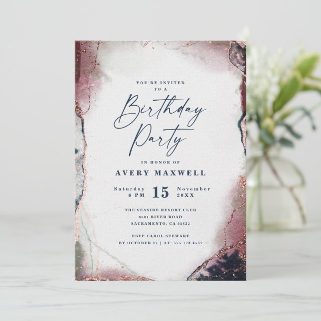 Modern Abstract Burgundy & Navy Birthday Party Invitation (Standing Front)