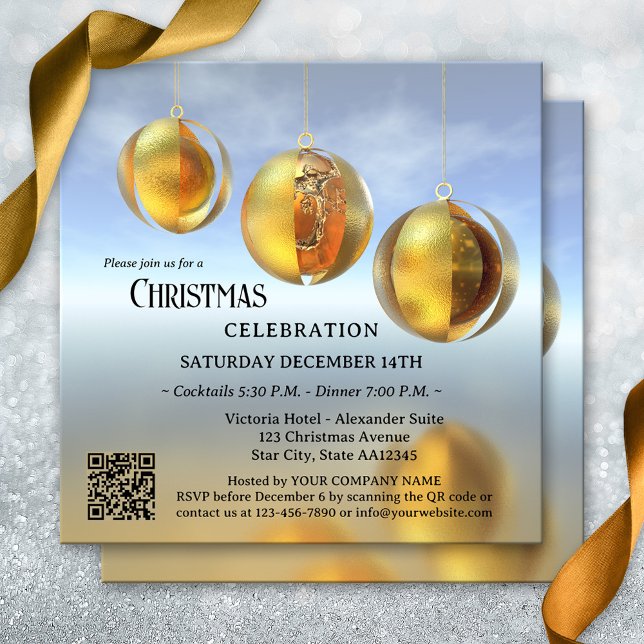 Modern Abstract Christmas Company Party Invitation (Corporate holiday party invitation featuring artistic golden Christmas balls + QR code template )
