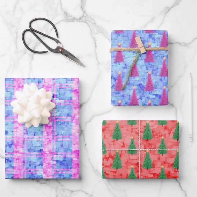 Modern Abstract Christmas Tree Pattern Watercolor Wrapping Paper Sheet (Front)