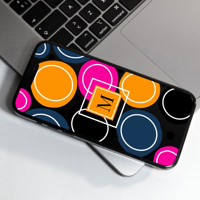 Modern Abstract Circles Monogram Pink Teal Case-Mate iPhone Case (Modern Colorful Abstract Circles Phone Case)