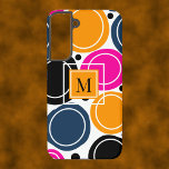 Modern Abstract Circles Monogram Pink Teal Samsung Galaxy Case<br><div class="desc">A bright and bold design of  abstract circles in shades of pink,  teal and orange. A centred monogram on an orange square is available to customise the design. Stylish and eye catching.</div>