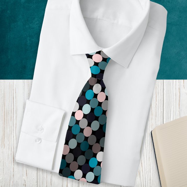 Modern Abstract Circles Patterned Tie (A stylish and modern tie with dots design in teal, blue, gray and pink colors)
