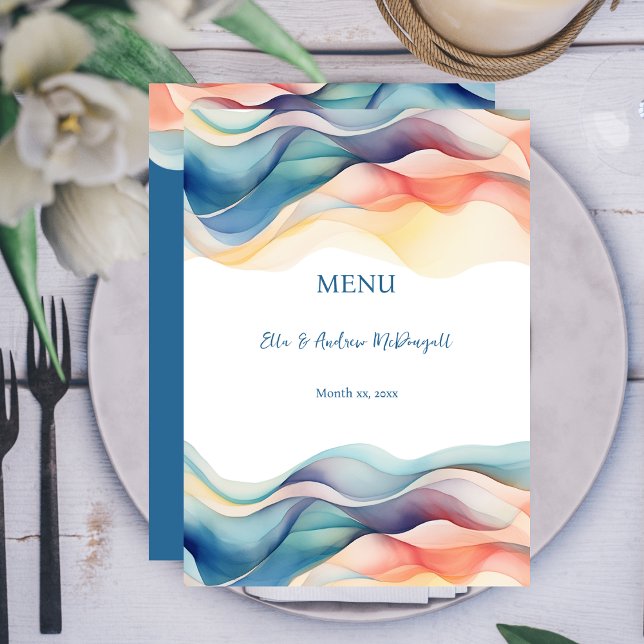 Modern Abstract Colour Wave Blue Wedding Menu (Modern Abstract Color Wave Wedding Reception Menu Card)