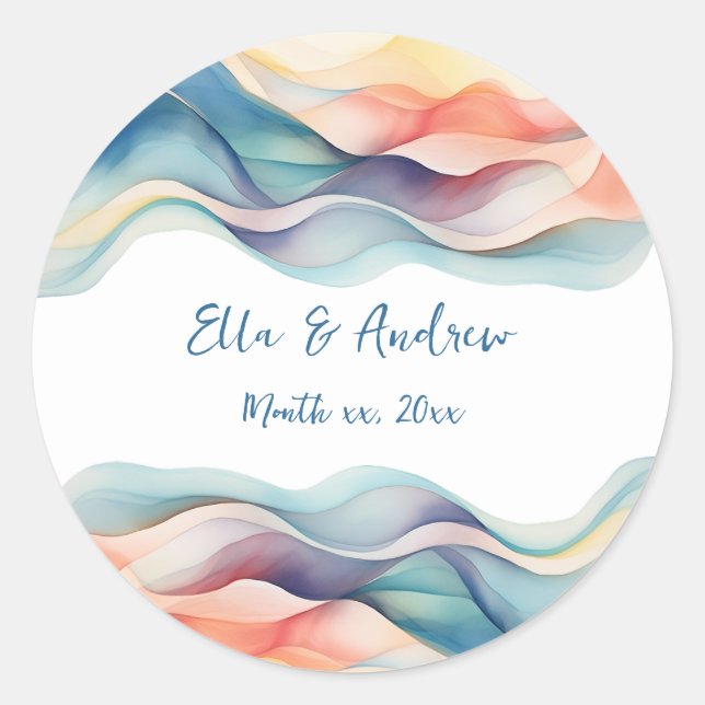 Modern Abstract Colour Wave Blue White Wedding Classic Round Sticker (Front)