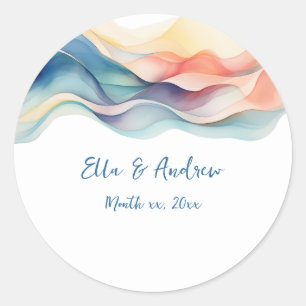 Modern Abstract Colour Wave Blue White Wedding Classic Round Sticker