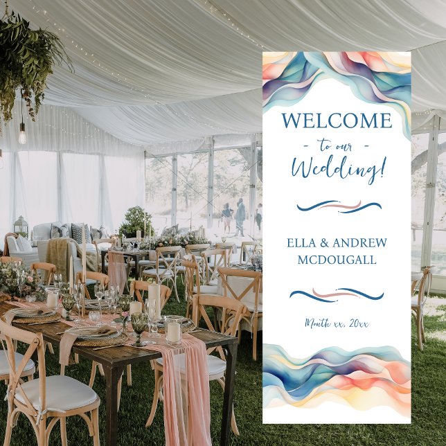 Modern Abstract Colour Wave Blue White Wedding Retractable Banner (Modern Abstract Wedding Design Wedding Reception Retractable Hanging Banner)