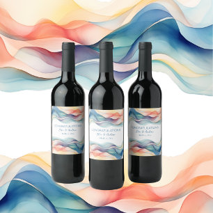 Modern Abstract Colour Wave Blue White Wedding Wine Label