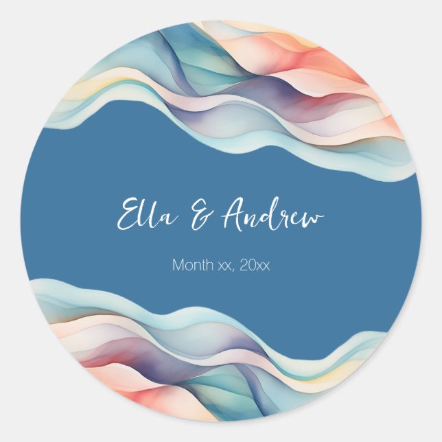 Modern Abstract Colour Wave Wedding Classic Round Sticker (Front)
