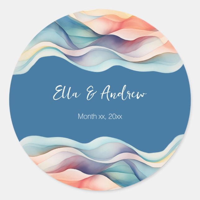 Modern Abstract Colour Wave Wedding Classic Round Sticker (Front)
