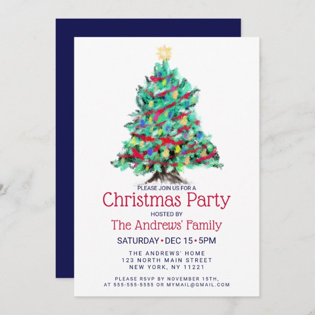 Modern Abstract Colourful Decorated Tree Christmas Invitation (Front/Back)