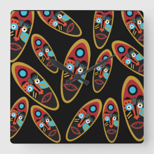 Modern abstract colourful tattoo face pattern square wall clock