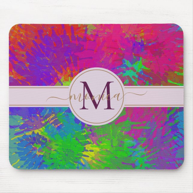 Modern Abstract Colourful Tie Dye Monogrammed Mouse Mat (Front)