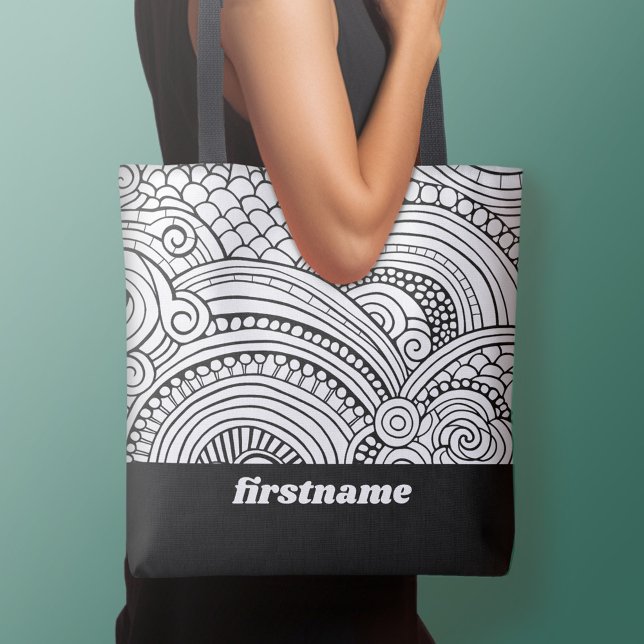 Modern Abstract Colouring Shapes - BW Tote Bag (Personalized tote bag - add your name or other text)