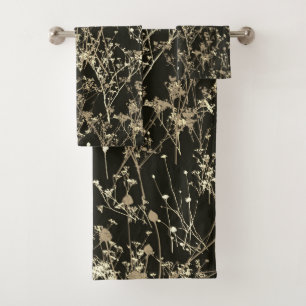 Modern Abstract Dark Brown Beige Wildflowers  Bath Towel Set