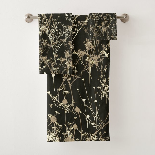 Modern Abstract Dark Brown Beige Wildflowers  Bath Towel Set (Insitu)