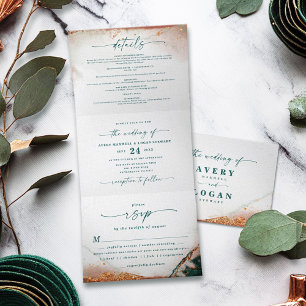 Modern Abstract Dark Teal & Copper Fall Wedding Tri-Fold Invitation