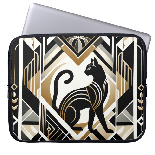 Modern Abstract Decorative Black Cat Laptop Sleeve (Front)