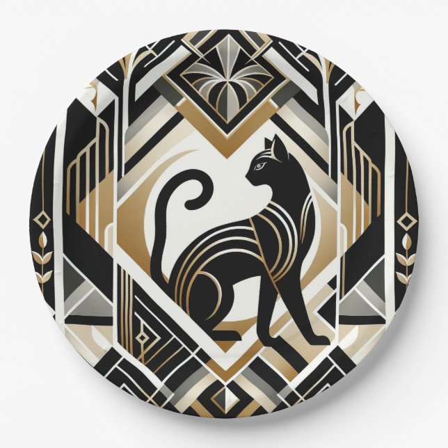 Modern Abstract Decorative Black Cat Paper Plate (Front)