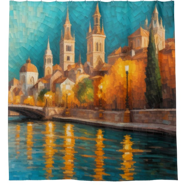 Modern Abstract Design Gold Orange Blue European  Shower Curtain (Front)