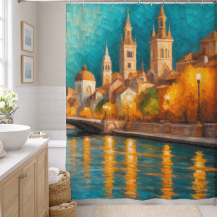 Modern Abstract Design Gold Orange Blue European  Shower Curtain