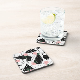 Modern Abstract Dots and Pink Flowers Coaster