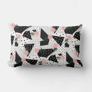 Modern Abstract Dots and Pink Flowers Lumbar Cushion