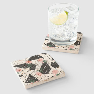 Modern Abstract Dots and Pink Flowers Stone Coaster