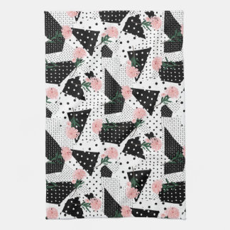 Modern Abstract  Dots and Pink Flowers Tea Towel