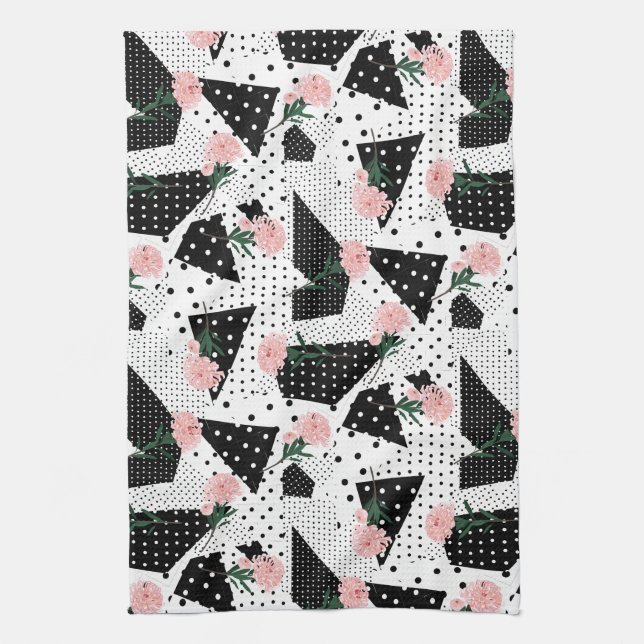 Modern Abstract  Dots and Pink Flowers Tea Towel (Vertical)