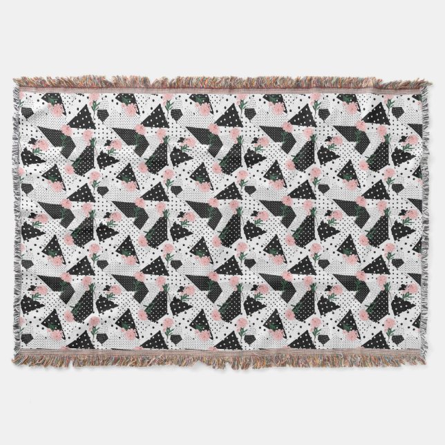Modern Abstract  Dots and Pink Flowers Throw Blanket (Front)