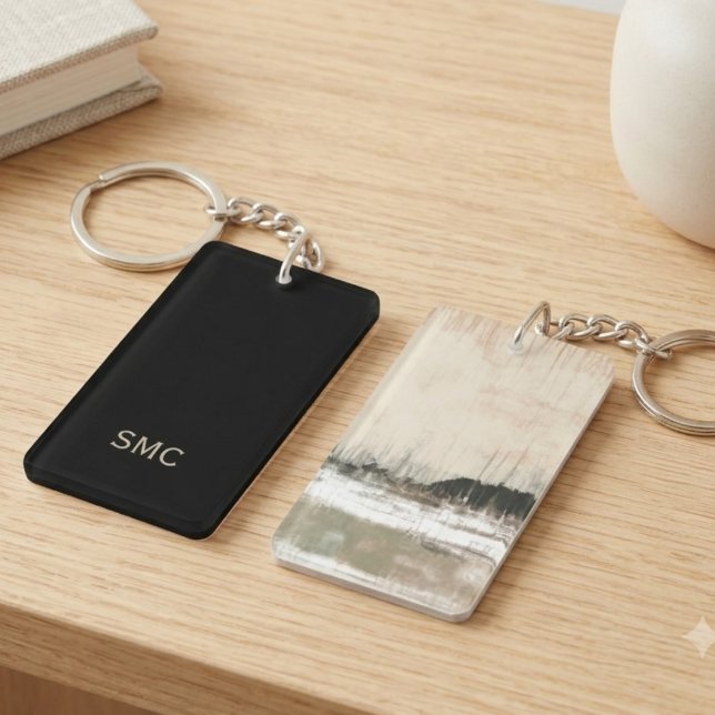 Modern Abstract Earth Tone Initial Monogram Key Ring (A chic abstract monogram keychain, perfect as a thoughtful housewarming gift for a new homeowner.)