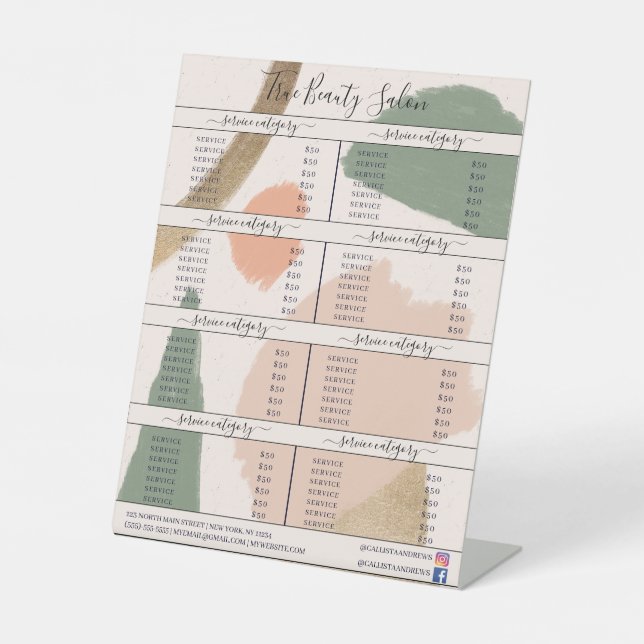 Modern Abstract Earth Tones Gold Price List Pedest Pedestal Sign (Front)