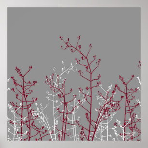 Modern Abstract Elegant Burgundy Flowers on Grey Poster