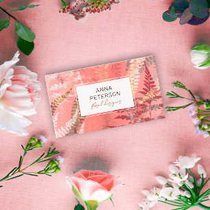 Modern Abstract Elegant Coral Pink Fern Foliage Business Card