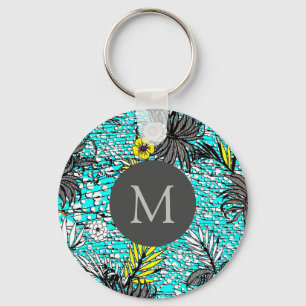 Modern Abstract Exotic Floral Art Monogram Key Ring