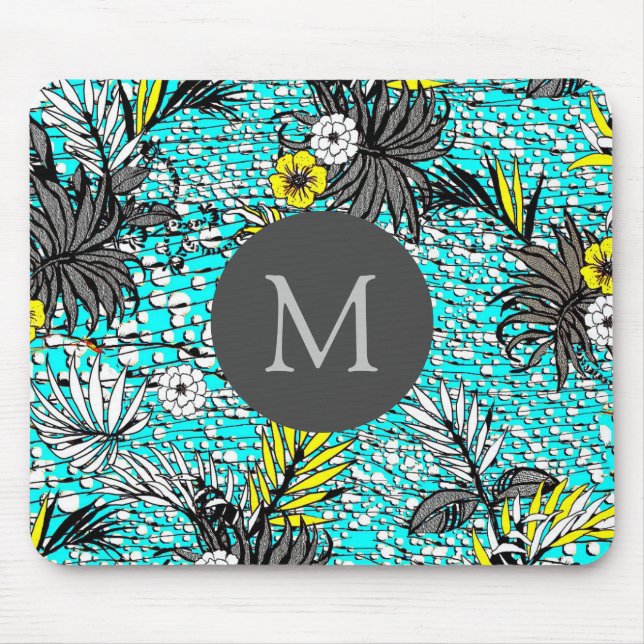 Modern Abstract Exotic Floral Art Monogram Mouse Mat (Front)