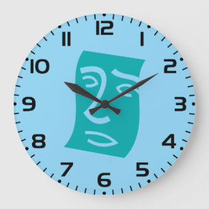 Modern Abstract Face Line Art Teal Large Clock