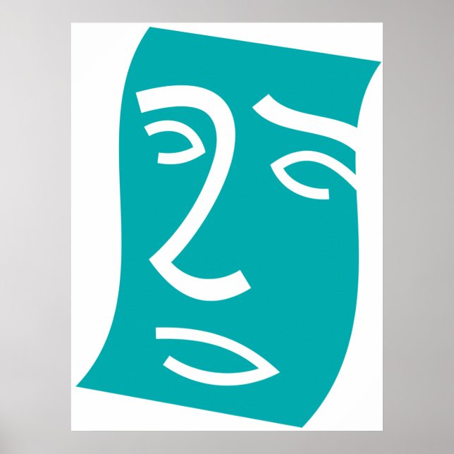 Modern Abstract Face Line Art Teal Poster (Front)