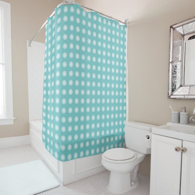 Modern Abstract Floral Geometric Pattern Aqua  Shower Curtain (In Situ)