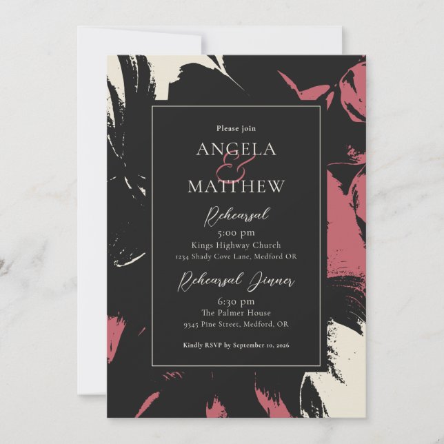 Modern Abstract Floral Magenta Black Invitation (Front)