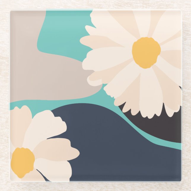 Modern Abstract Floral Teal Glass Coaster (Front)