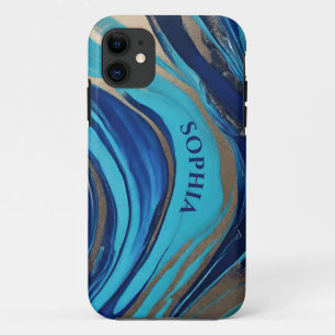Modern Abstract Flow Art-Blue and Gold- iPhone 11 Case