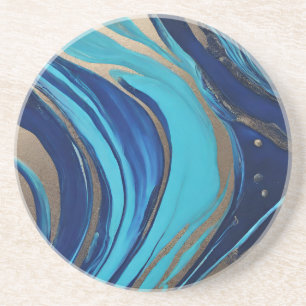 Modern Abstract Flow Art-Blue and Gold- Coaster