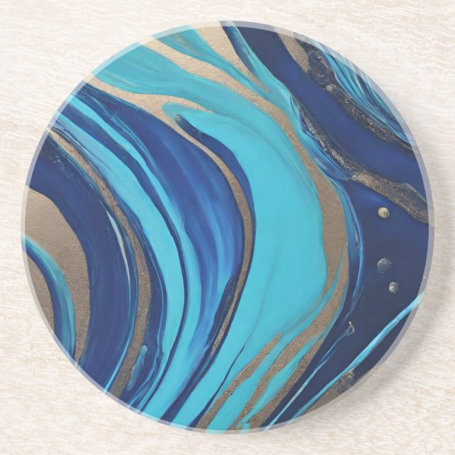 Modern Abstract Flow Art-Blue and Gold- Coaster (Front)